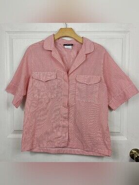 Vintage 80s Shirt Womens 8 Red Stripe Short Sleeve Hidden Buttons Flap Pockets